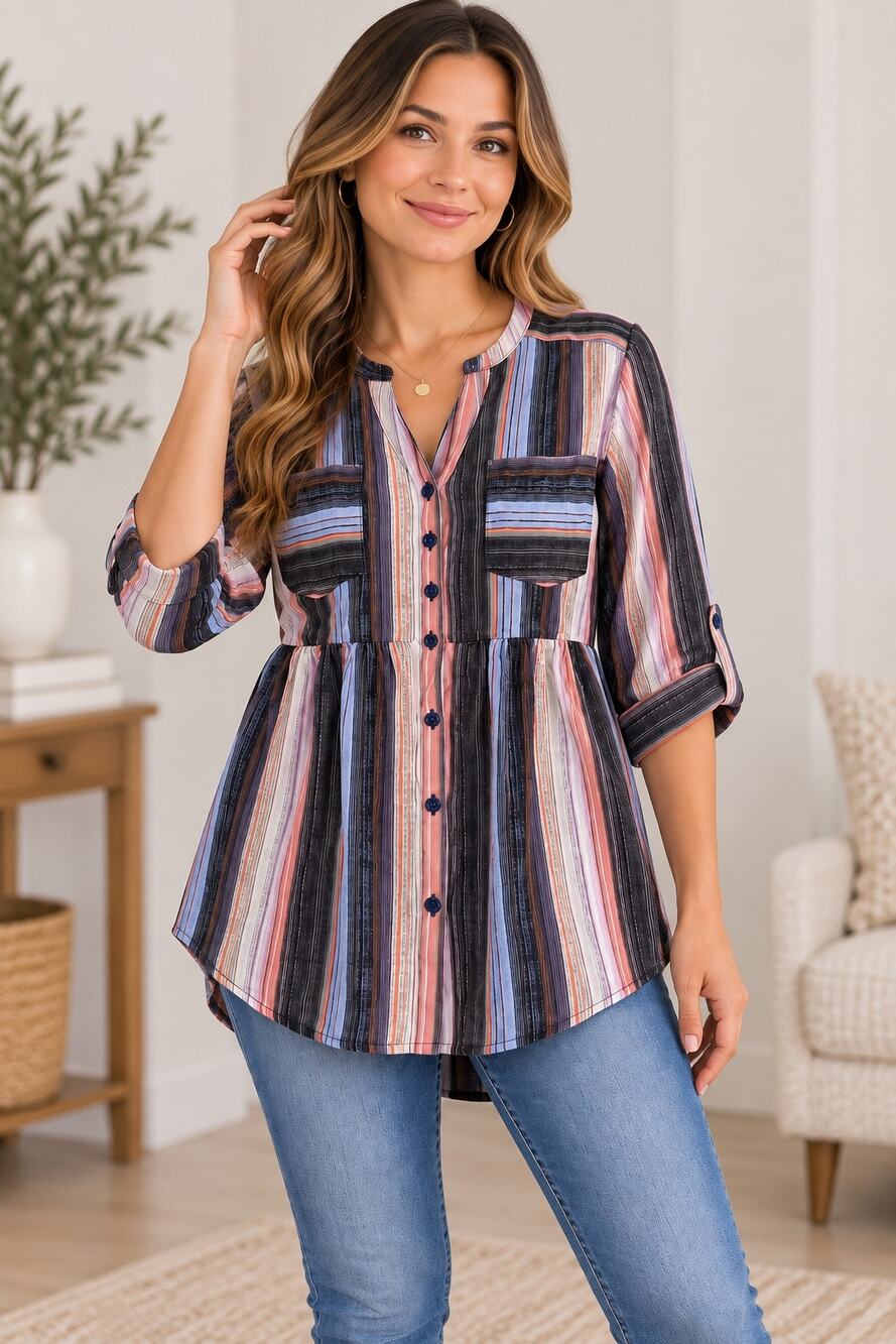 Torrid Size 0 L Striped Button Front Blouse Multicolor Tab Sleeve Peplum